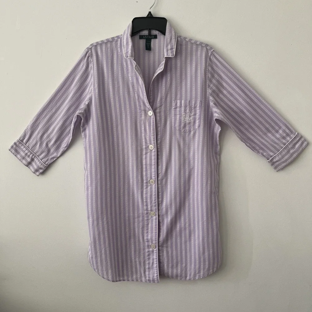 Lauren Ralph Lauren Purple White Striped Pajama Top Medium Preppy Loungewear